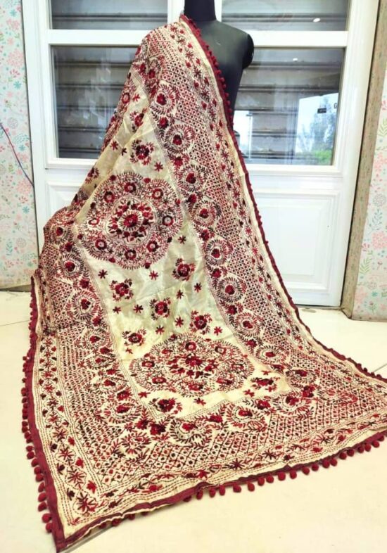 Starry Swirls Maroon Hand Embroidered Dupatta